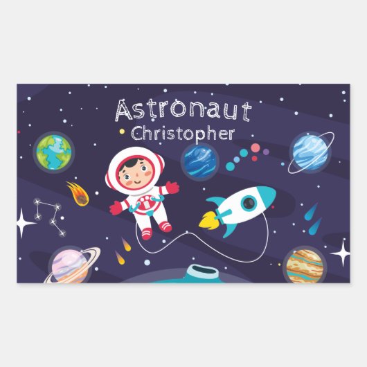 Astronaut child on the moon, monogrammed name 長方形シール (正面)