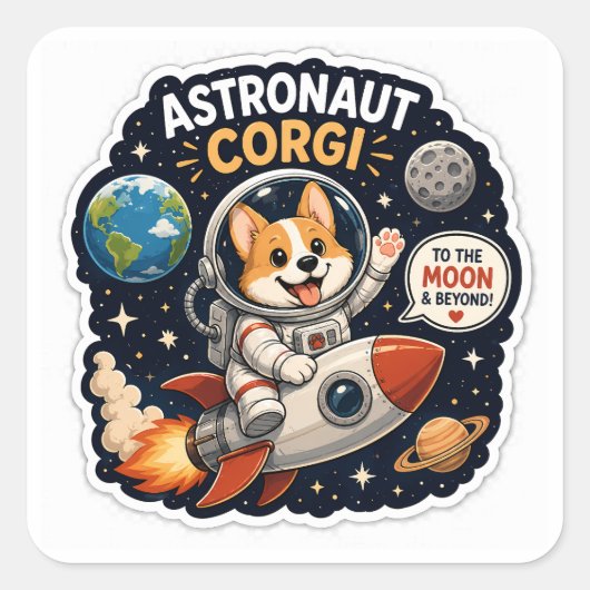 Astronaut Corgi – 月へ、そしてその先へ! スクエアシール (正面)