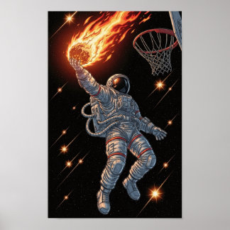 Astronaut Dunking Fiery Basketball Dynamic Space ポスター