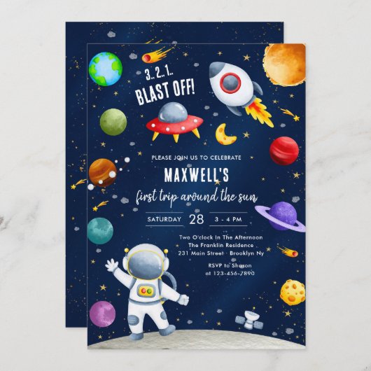 Astronaut First Trip Around the Sun 1st Birthday 招待状 (正面/裏面)
