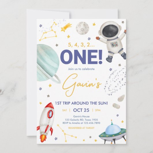 Astronaut First Trip Birthday Party 招待状 (正面)