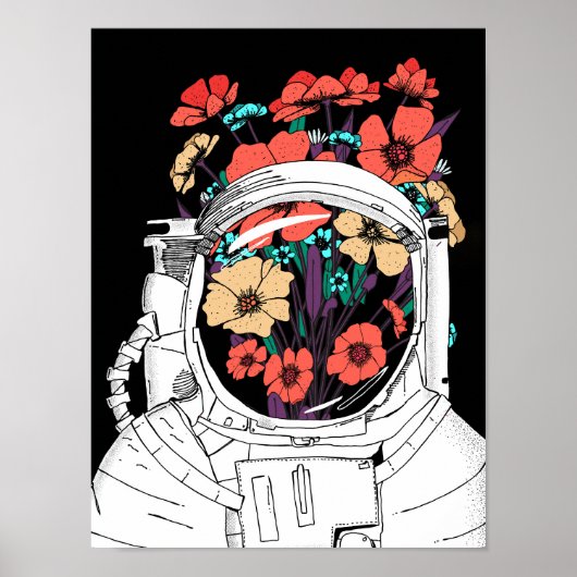 Astronaut Floral space art ポスター (正面)
