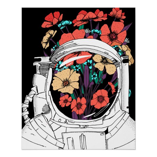 Astronaut Floral space art ポスター (正面)