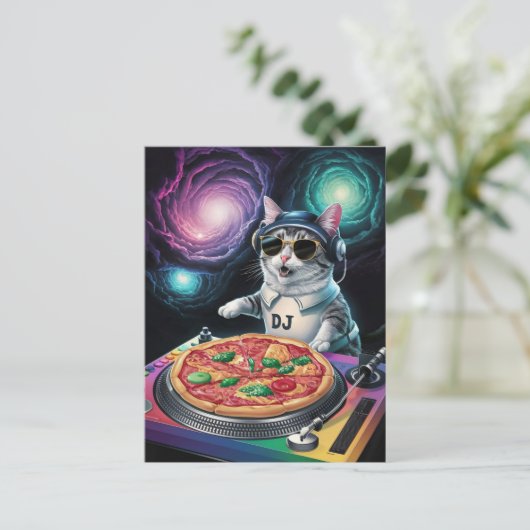 Astronaut Galaxy Planet Space Dj Cat Pizza Kitty ポストカード (スタンド正面)