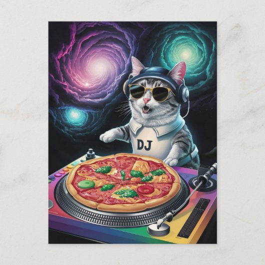 Astronaut Galaxy Planet Space Dj Cat Pizza Kitty ポストカード (正面)