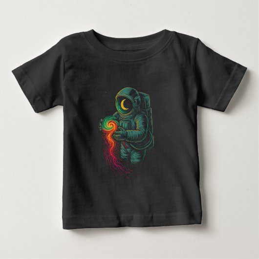 Astronaut Holding a Cosmic Spiral ベビーTシャツ (正面)