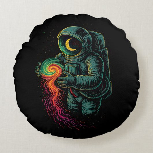 Astronaut Holding a Cosmic Spiral ラウンドクッション (正面)