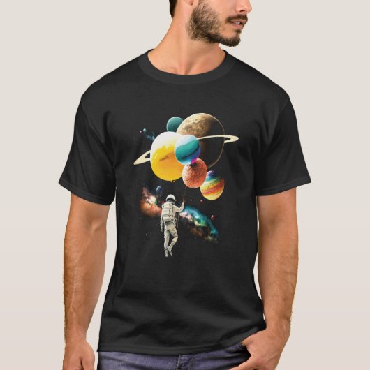 Astronaut Holding Planet Balloons Graphic Tシャツ (正面)