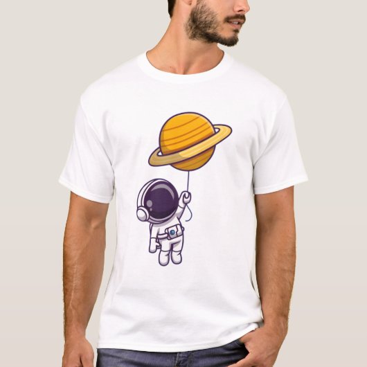 Astronaut Holding Saturn Balloon – Cute Space Them Tシャツ (正面)