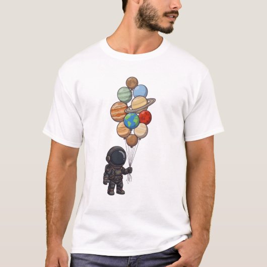 Astronaut Holding Solar System Planet balloon Tシャツ (正面)