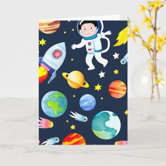 Astronaut in Space Planets and Rockets Pattern カード (黄色い花)