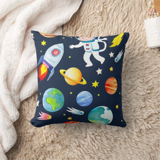 Astronaut in Space Planets and Rockets Pattern クッション (ブランケット)