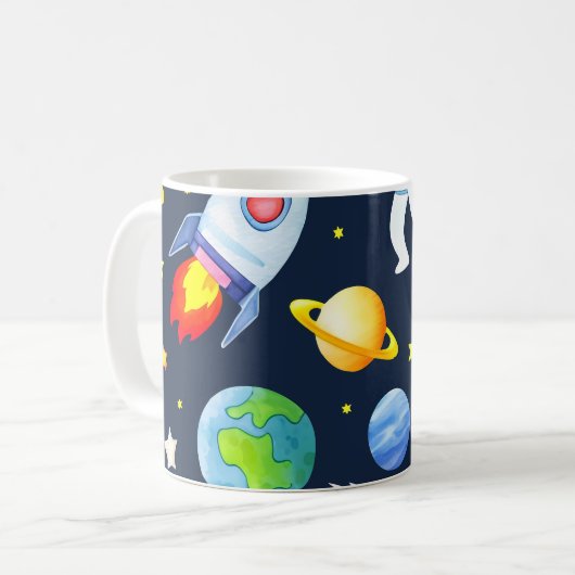 Astronaut in Space Planets and Rockets Pattern コーヒーマグカップ (正面左)