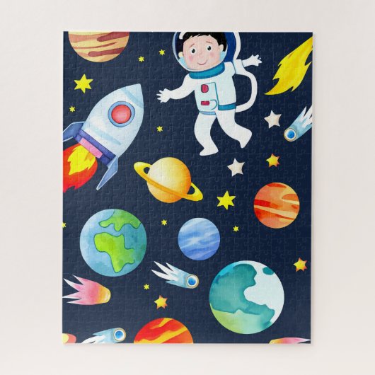 Astronaut in Space Planets and Rockets Pattern ジグソーパズル (縦)