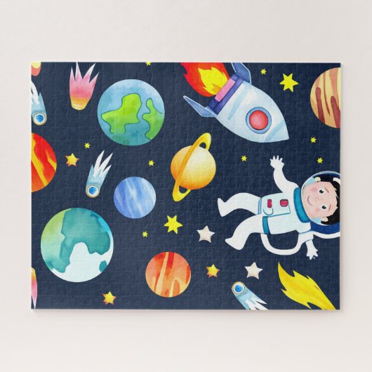 Astronaut in Space Planets and Rockets Pattern ジグソーパズル (横)