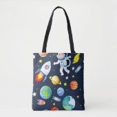 Astronaut in Space Planets and Rockets Pattern トートバッグ (正面)