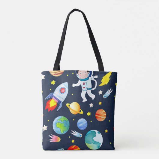 Astronaut in Space Planets and Rockets Pattern トートバッグ (裏面)