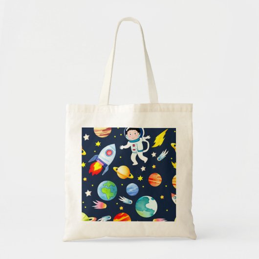 Astronaut in Space Planets and Rockets Pattern トートバッグ (正面)