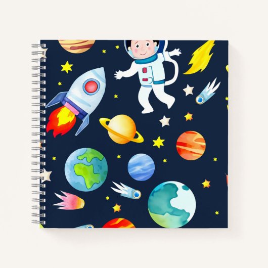 Astronaut in Space Planets and Rockets Pattern ノートブック (正面)