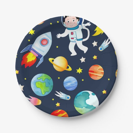 Astronaut in Space Planets and Rockets Pattern ペーパープレート (正面)