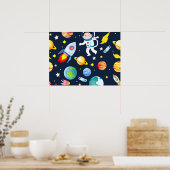 Astronaut in Space Planets and Rockets Pattern ポスター (キッチン)