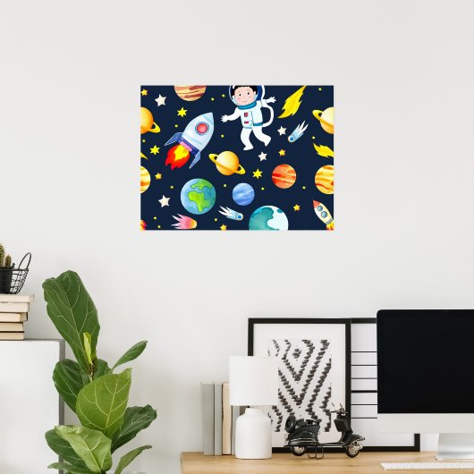 Astronaut in Space Planets and Rockets Pattern ポスター (ホームオフィス)