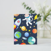 Astronaut in Space Planets and Rockets Pattern ポストカード (スタンド正面)