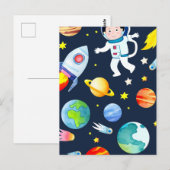 Astronaut in Space Planets and Rockets Pattern ポストカード (正面/裏面)