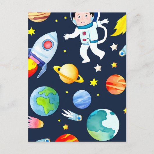 Astronaut in Space Planets and Rockets Pattern ポストカード (正面)