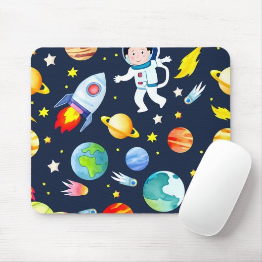 Astronaut in Space Planets and Rockets Pattern マウスパッド (マウス)