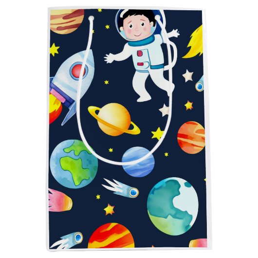 Astronaut in Space Planets and Rockets Pattern ミディアムペーパーバッグ (正面)