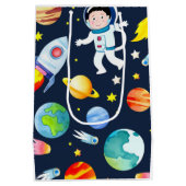 Astronaut in Space Planets and Rockets Pattern ミディアムペーパーバッグ (裏面)