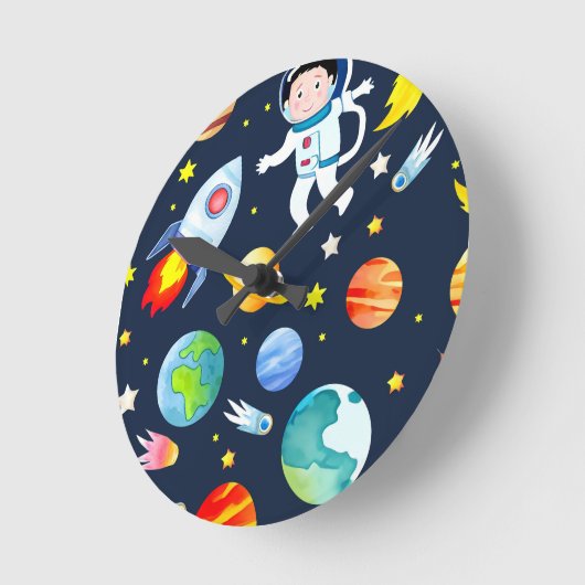 Astronaut in Space Planets and Rockets Pattern ラウンド壁時計 (傾斜)