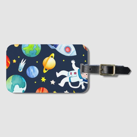 Astronaut in Space Planets and Rockets Pattern ラゲッジタグ (正面横)