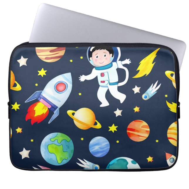 Astronaut in Space Planets and Rockets Pattern ラップトップスリーブ (正面)