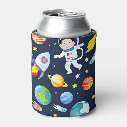 Astronaut in Space Planets and Rockets Pattern 缶クーラー (缶正面)
