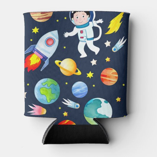Astronaut in Space Planets and Rockets Pattern 缶クーラー (正面)