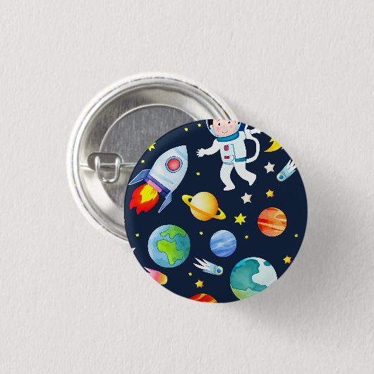 Astronaut in Space Planets and Rockets Pattern 缶バッジ (正面&裏面)
