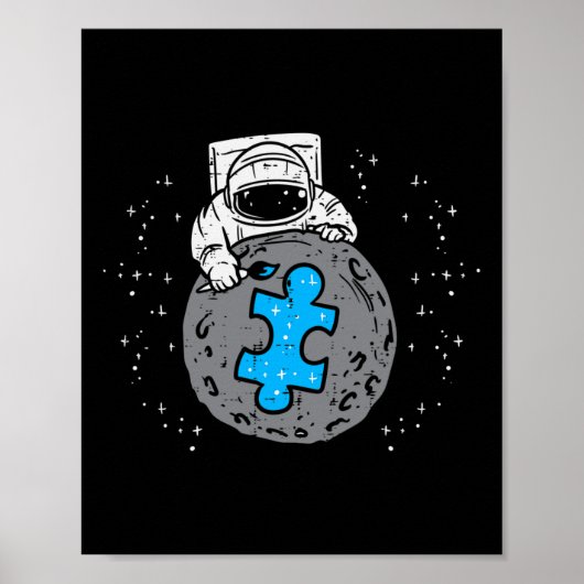 Astronaut Moon Blue Puzzle Piece Autism Awareness  ポスター (正面)