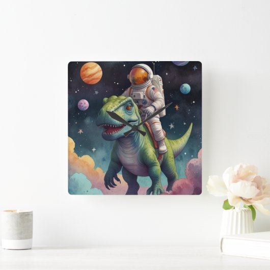 Astronaut on Dino in Space スクエア壁時計 (ホーム)