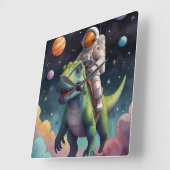 Astronaut on Dino in Space スクエア壁時計 (傾斜)