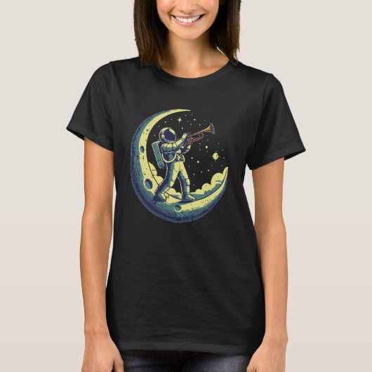 Astronaut On Moon Trumpet Funny Space Music Men Bo Tシャツ (正面)