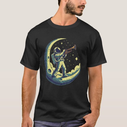 Astronaut On Moon Trumpet Funny Space Music Men Bo Tシャツ (正面)