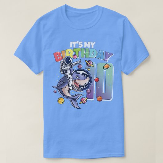Astronaut on Shark 10th Birthday Boy Girl 10 Years Tシャツ (デザイン正面)
