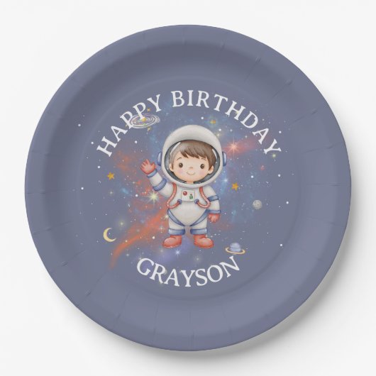 Astronaut Outer Space Boy Birthday ペーパープレート (正面)