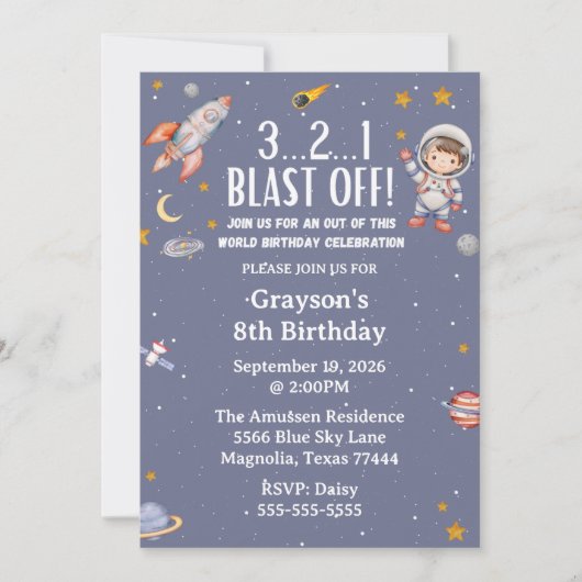 Astronaut Outer Space Boy Birthday Invitation 招待状 (正面)