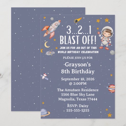 Astronaut Outer Space Boy Birthday Invitation 招待状 (正面/裏面)