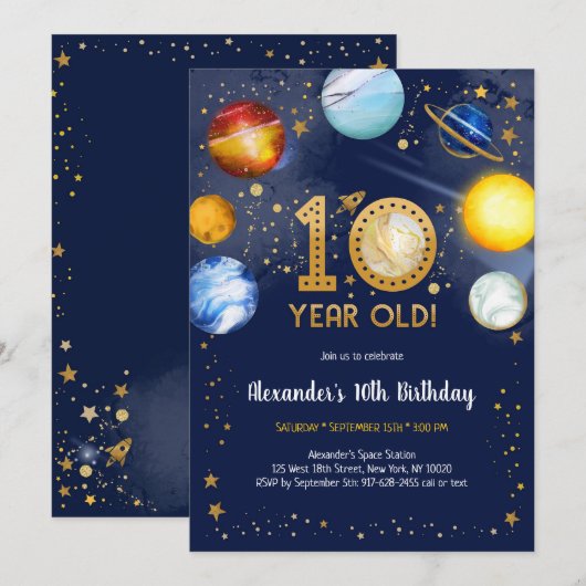 Astronaut Outer Space Planet Galaxy 10th Birthday  招待状 (正面/裏面)