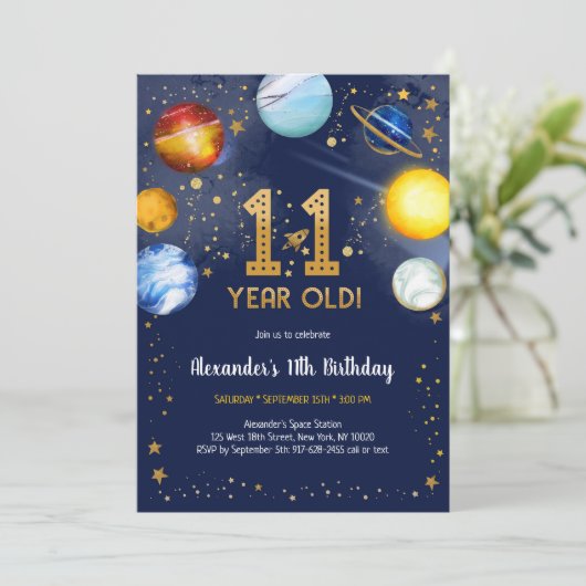 Astronaut Outer Space Planet Galaxy 11th Birthday 招待状 (スタンド正面)