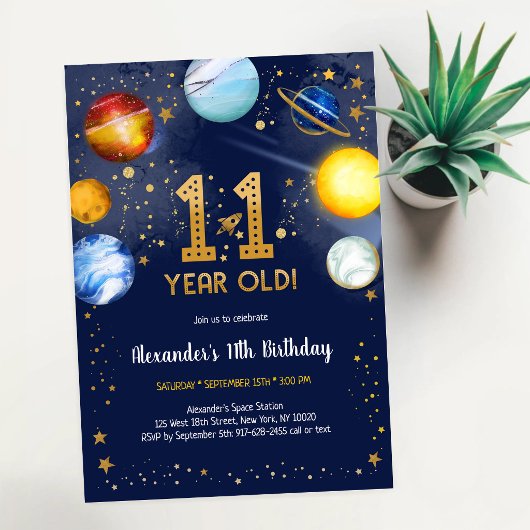 Astronaut Outer Space Planet Galaxy 11th Birthday 招待状